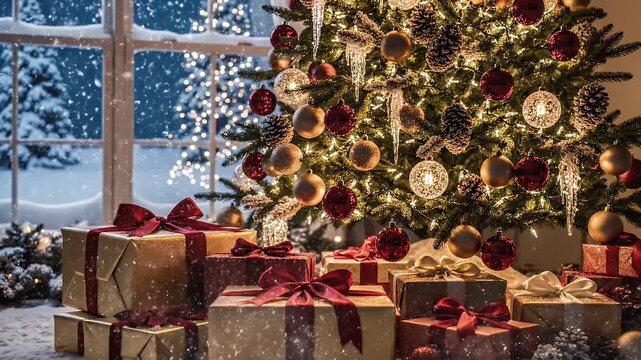 Christmas Tree and Gifts by Window - A beautifully decorated Christmas tree stands adorned with lights and ornaments, while wrapped presents sit beneath it.