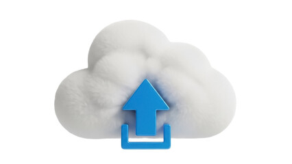 Fluffy cloud with blue upload arrow isolated PNG, cloud computing concept for data transfer and storage on transparent background