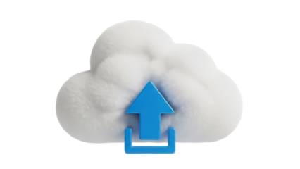 Fluffy cloud with blue upload arrow isolated PNG, cloud computing concept for data transfer and storage on transparent background