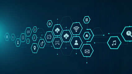 Abstract technological network with glowing digital icons and connections on a dark blue background