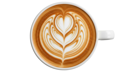 Latte art in a white cup isolated on transparent background, coffee drink with heart design for cafe menu and beverage concepts PNG