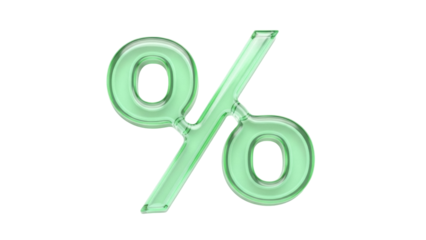 Green glass percentage sign isolated PNG on transparent background, discount symbol for sales and promotions