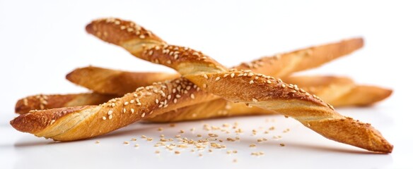 The Breadsticks: Golden Twisted Sesame Grissini Styled on Clean White Background