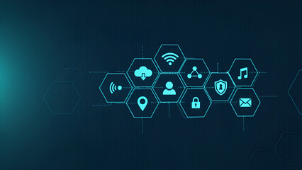 Abstract technology background with hexagonal icons representing connectivity, data, and digital services