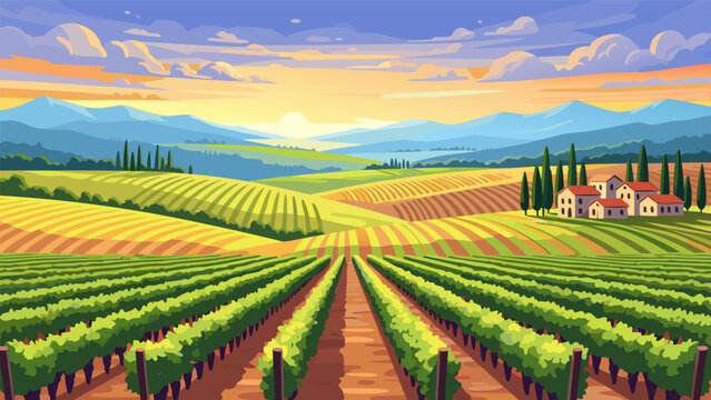 Rolling sunlit vineyards stretch towards distant blue hills under a vibrant, cloud-dappled sky, evoking Tuscan charm and agricultural beauty