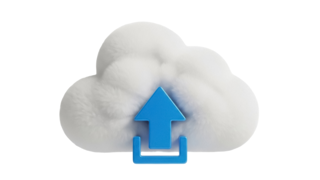 Fluffy cloud with blue upload arrow isolated PNG, cloud computing concept for data transfer and storage on transparent background - Powered by Adobe