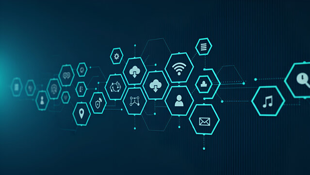 Abstract technological network with glowing digital icons and connections on a dark blue background - Powered by Adobe