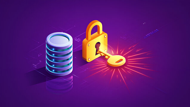 Golden padlock and key with glowing data server on purple background image - Powered by Adobe