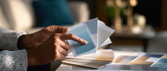 The paint swatches in hands selecting warm and cool tones for living room makeover
