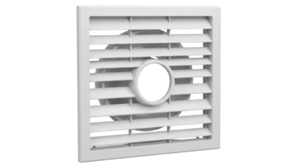Square ventilation grille PNG isolated on transparent background, white plastic air vent cover for bathroom, kitchen, or home ventilation system