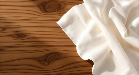 Soft white fabric on warm wooden background texture