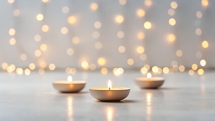 Three lit candles in a serene setting with warm background lights