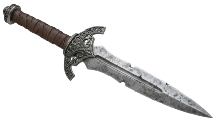 Ornate medieval dagger isolated PNG on transparent background, fantasy weapon with decorated hilt and weathered blade for historical reenactment