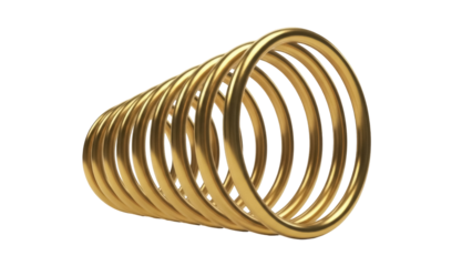 Golden spring coil isolated PNG on transparent background, flexible metal object for industrial design and mechanical engineering