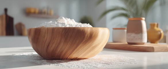 The Wooden Bowl of Flour on Sunlit Kitchen Counter Ready for Baking