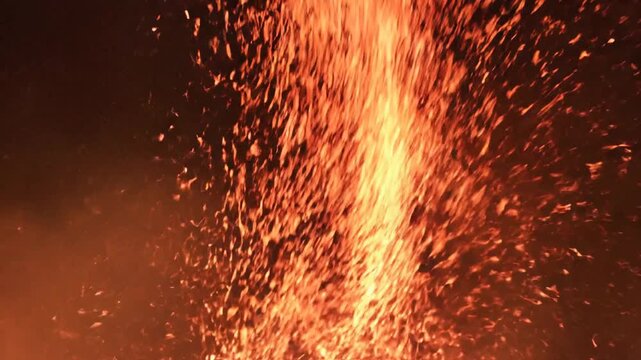 P274-Glowing fiery red fire sparks rising with the wind on a night sky. Bright burning fire particles and 4K 10s