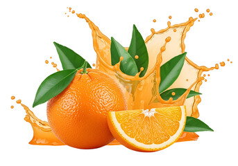 Fresh orange fruit with juice splash, vibrant orange and green tones, isolated on black background.