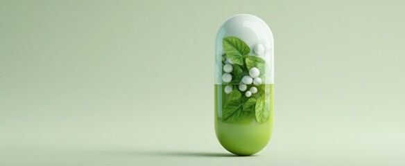 The Capsule of Green Herbal Ingredients Encapsulated in a Transparent Eco Medicine