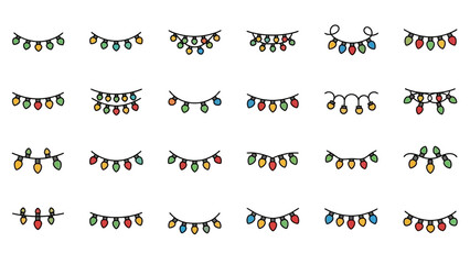 Set of various colorful hanging string lights and Christmas decorations for holidays