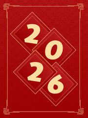 Happy Chinese new year 2026 , modern design set in red, gold and white colors , Year of the horse zodiac , Asia oriental traditional ornament, frame and border ,
