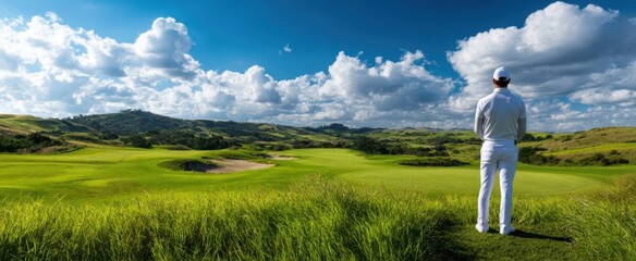 The Golfer Overlooking an Expansive Green Golf Course Beneath Dramatic Cloudy Sky
