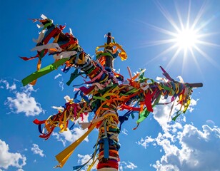 Wooden cross decorated with colorful ribbons under bright sun