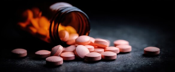 The pills spilled from a prescription bottle on a dark textured surface