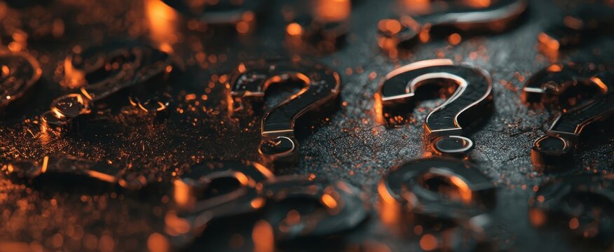 The Question Marks on a Dark Metallic Surface with Dramatic Orange Lighting - Powered by Adobe