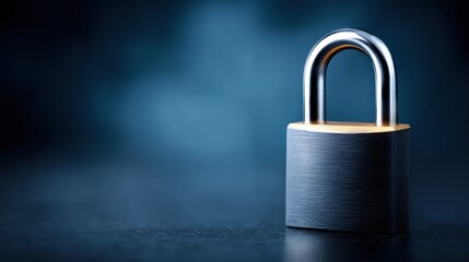 Fototapeta premium Close-Up of a Metal Padlock with a Glossy Finish on a Dark Background, Symbolizing Security, Protection, and Safety in Digital and Physical Spaces