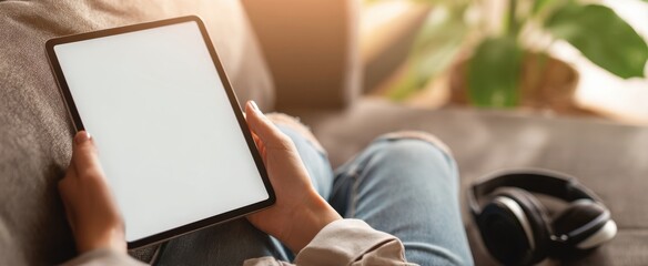 The Tablet Held by a Person Relaxing on a Sofa with Headphones