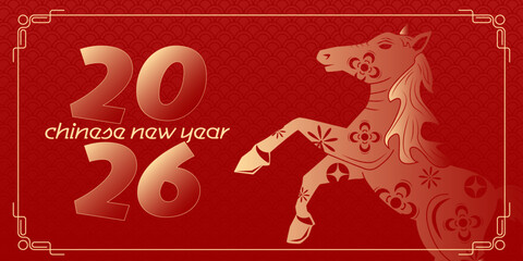 Happy Chinese new year 2026 , modern design set in red, gold and white colors , Year of the horse zodiac , Asia oriental traditional ornament, frame and border ,