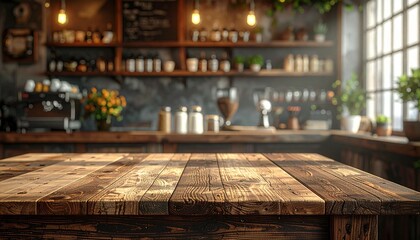 The old wooden counter is empty, with the shelves of a vintage coffee shop providing a blurred backdrop.