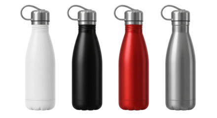 Four reusable metal water bottles in different colors  white black red gray