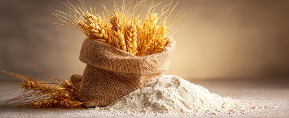 The Wheat Burlap Sack with Flour and Golden Ears on Rustic Table