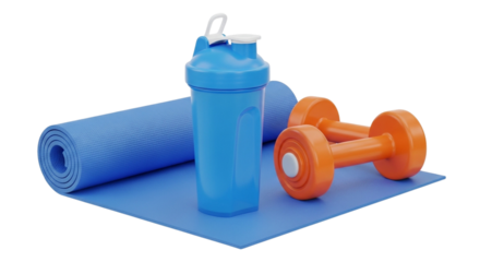 fitness equipment with yoga mat and dumbbells and shaker