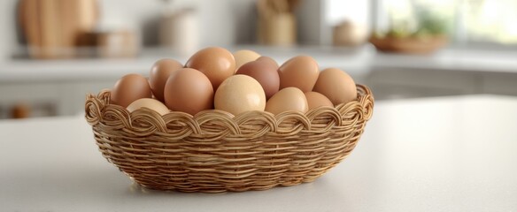 The Basket of Fresh Brown Eggs on a Bright Kitchen Counter in Morning Light