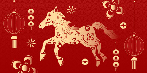 Happy Chinese new year 2026 , modern design set in red, gold and white colors , Year of the horse zodiac , Asia oriental traditional ornament, frame and border ,