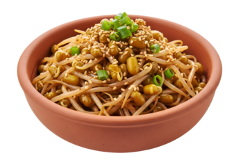 A terracotta bowl filled with a flavorful dish of mung bean sprouts, garnished with sesame seeds and scallions.