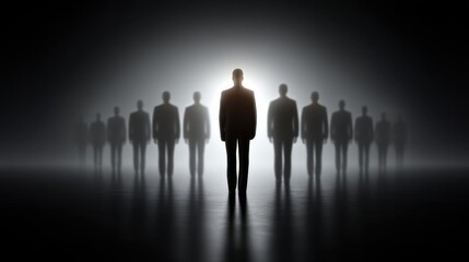 Mysterious Silhouettes in Dark Environment with One Figure in Focus, Symbolizing Leadership, Isolation, and Uncertainty in Business and Society