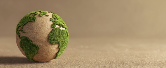 The globe made of cork with green moss continents on sandy background