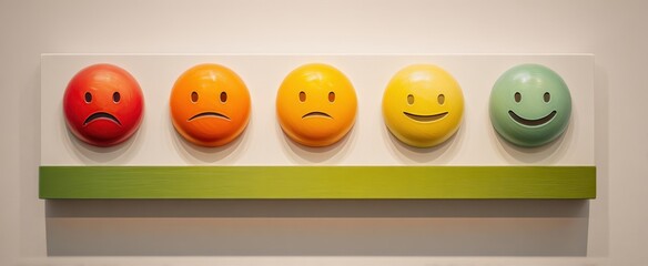 The Smiley Face Mood Buttons Art Installation Displaying a Colorful Emotional Spectrum on Wall
