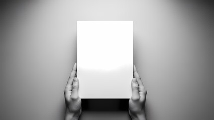 Hands holding blank white paper sheet.