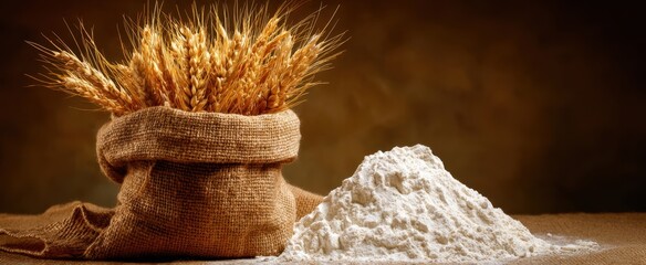 The wheat and flour rustic still life with burlap sack and milled flour