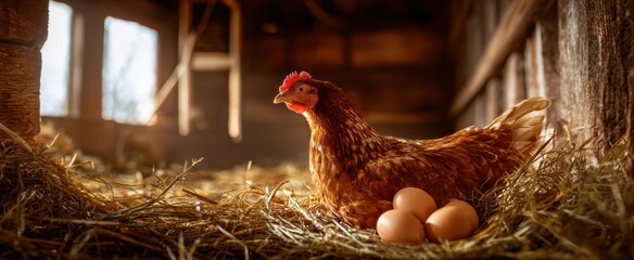 The Hen Nestled on Straw Beside Fresh Brown Eggs in Warm Rustic Barn Light