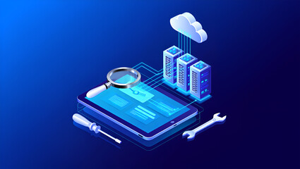 Isometric tablet with magnifying glass servers and tools on blue background technology data