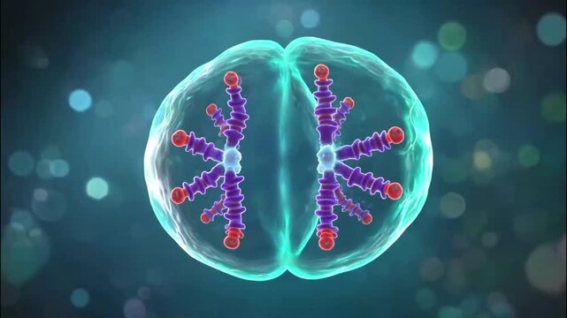 Animation of a glowing biological cell division (mitosis). Abstract science and medical background for biotechnology presentations, educational videos, and healthcare website headers.