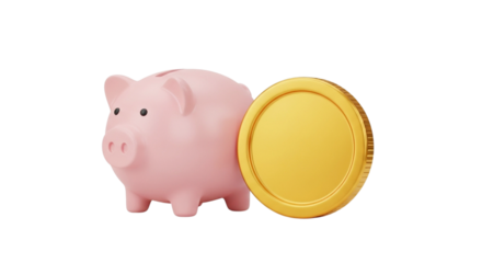 pink piggy bank and gold coin for saving money