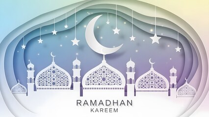 Serene Islamic Cityscape with Mosques and Crescent Moon under Starry Night Sky