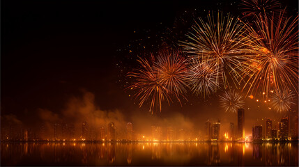 Fototapeta premium New Year celebration background with golden fireworks over modern city skyline at night, festive atmosphere, copy space, commercial stock photography style