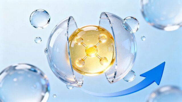 Transparent frosted high-tech beauty ingredient 3D render, with a central composition and a light blue main hue creating a fresh high-tech style